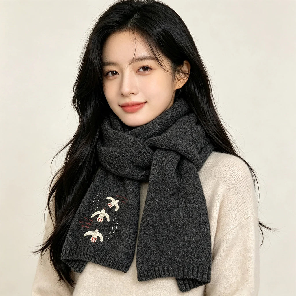 Women's Embroidered Knitted Winter Scarf – Windproof Neck Warmer Knitted Winter Scarf SWANS