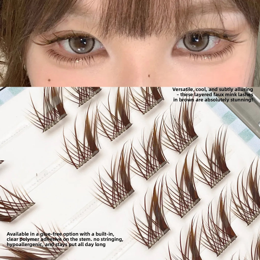 No-Glue Caramel Brown Fox Eye Wispy Cluster False Lashes False Eyelashes SWANS