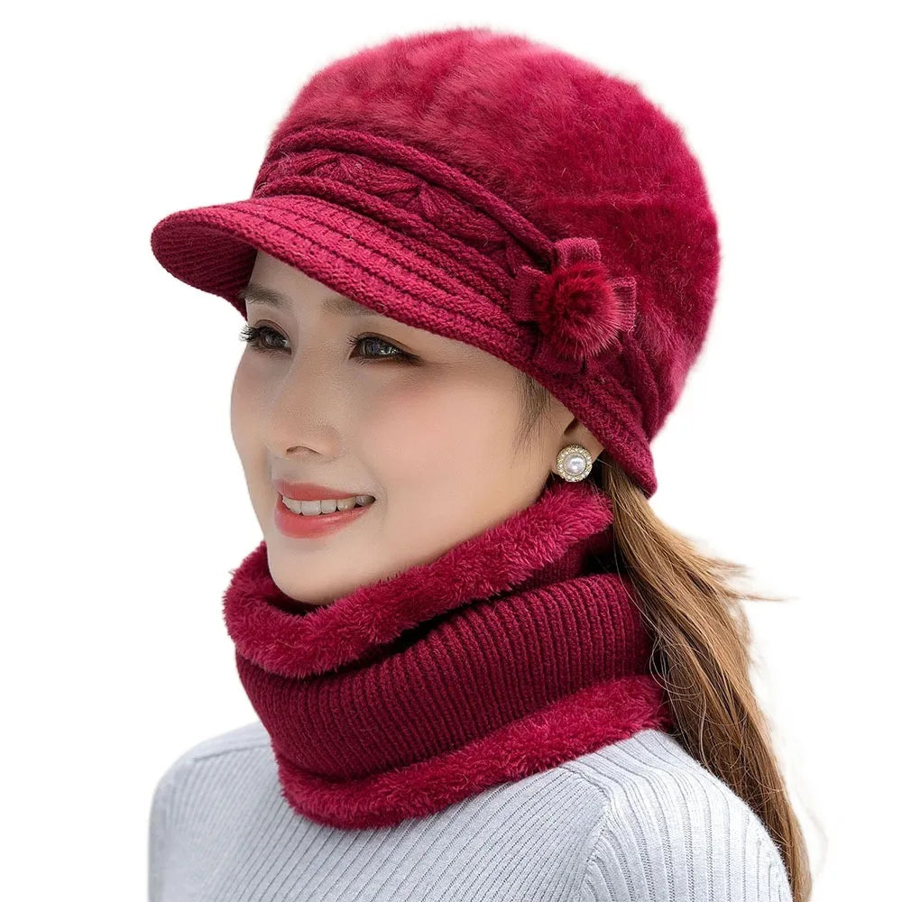 Women's Faux Fur Knit Beanie & Scarf Set – Winter Warm Winter Hat Scarf Set SWANS Wine Red