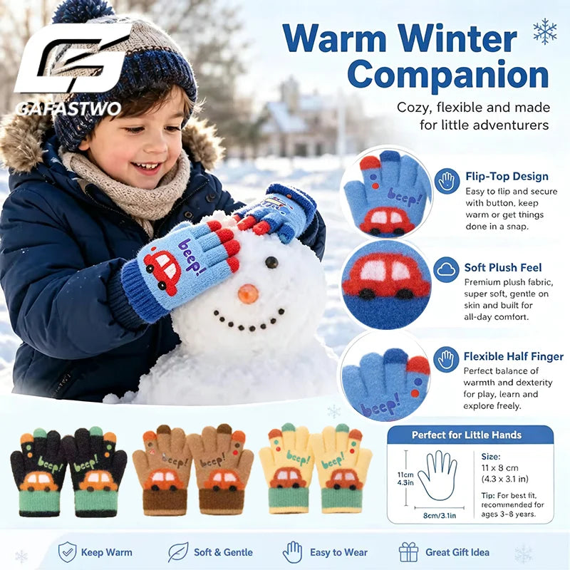Kids Winter Knit Gloves Cartoon Car Design | Ages 3–7 Kids Winter Gloves SWANS