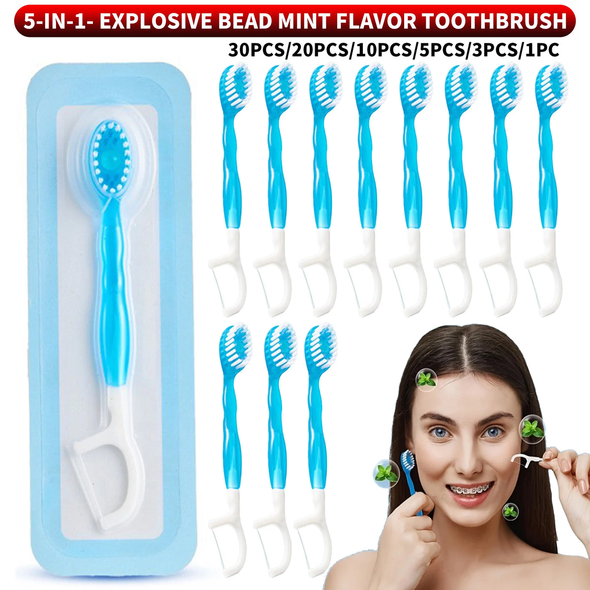 SWANS Mint Bead Travel Toothbrush – 5-in-1 Mini Brush Travel Toothbrush SWANS