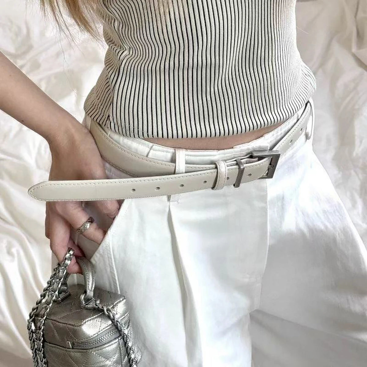 Women's Thin PU Leather Belt – Slim Metal Pin Buckle Waistband PU Leather Belt SWANS