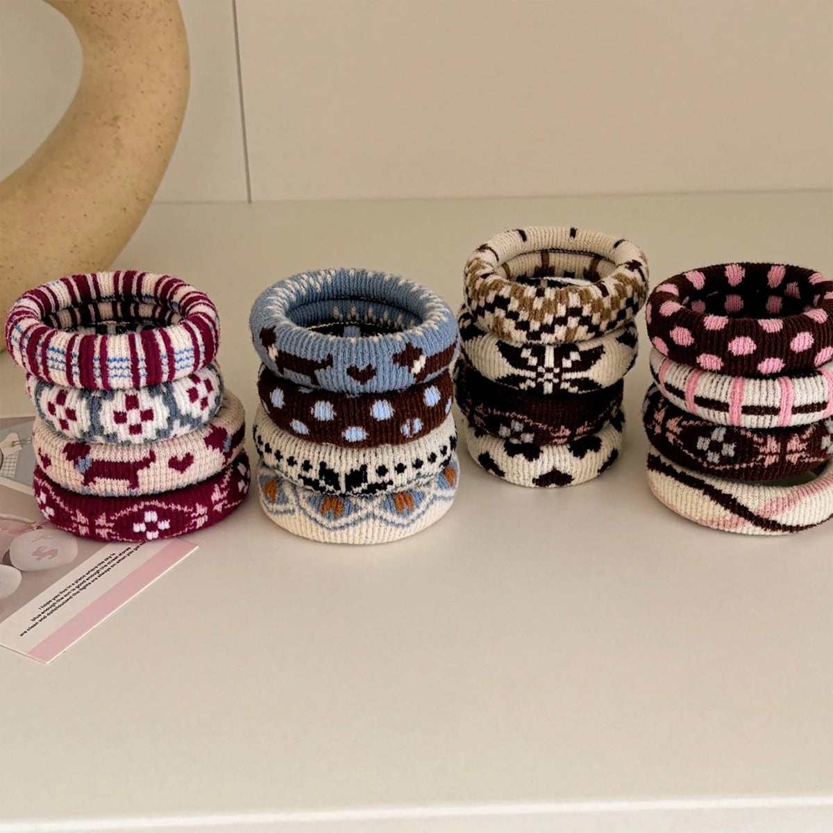 4-Pack Knitted Hair Ties – Vintage Fair Isle & Polka Dot Knitted Hair Ties SWANS