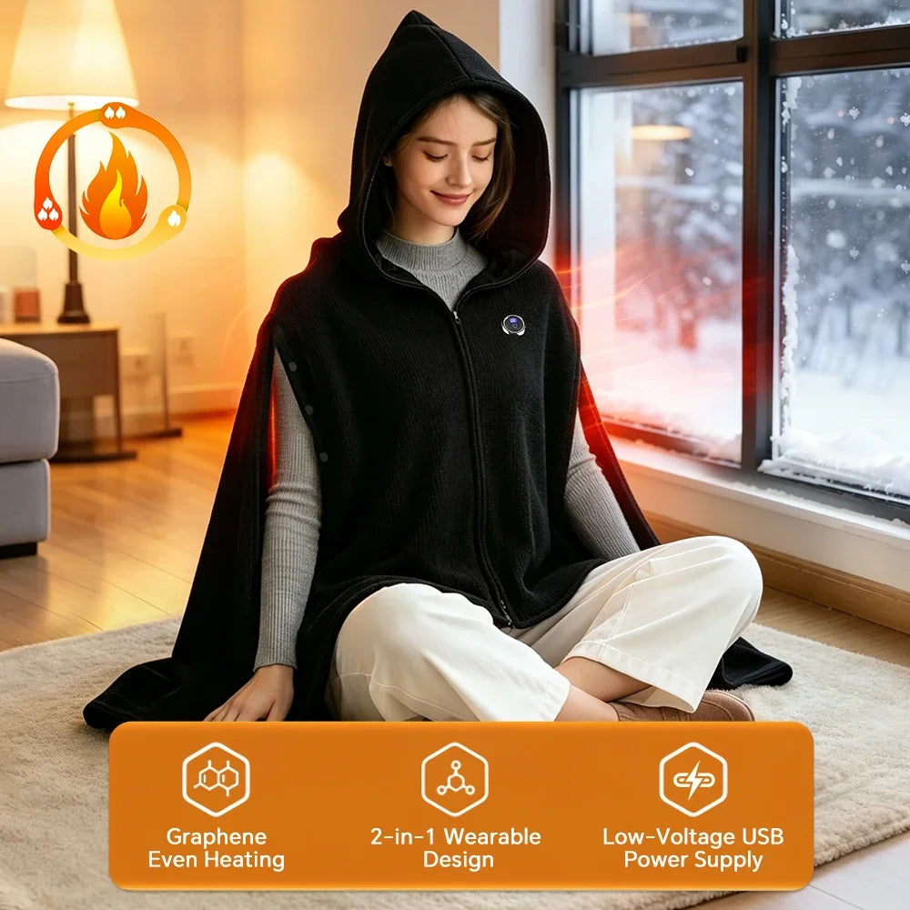 Graphene Heated Hooded Shawl – USB Wearable Warming Blanket Heated Wearable Shawl SWANS