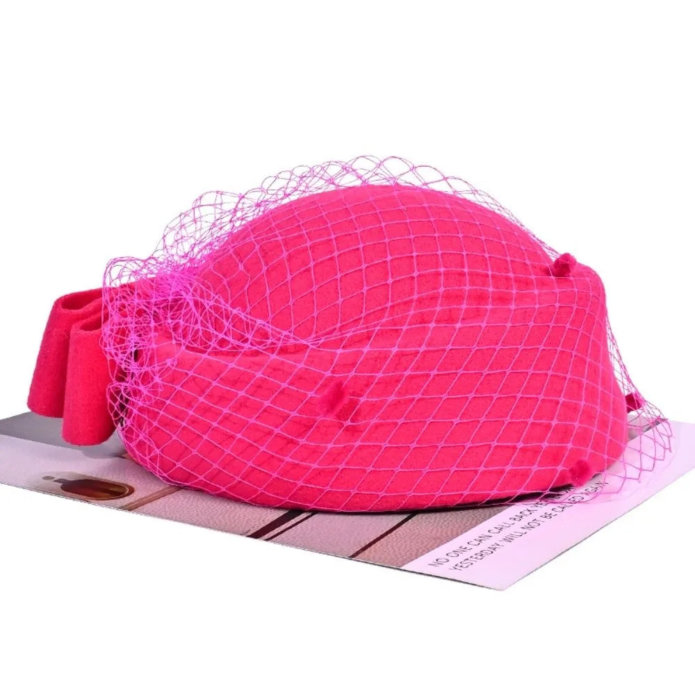 Women's Wool Fascinator Hat – Mesh Veil & Bowknot British Style Fascinator Hat SWANS Rose Red