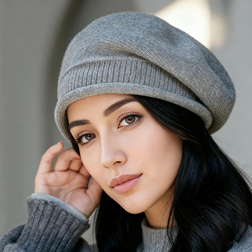 Women's Winter Knit Beret Beanie Hat – Warm Rolled Edge Cap Knit Beanie Hat SWANS grey elastic