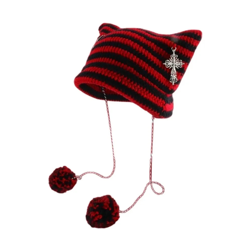 Y2K Knitted Beanie Hat – Pointed Ears Striped Star Devil Knitted Beanie Hat SWANS black-red1