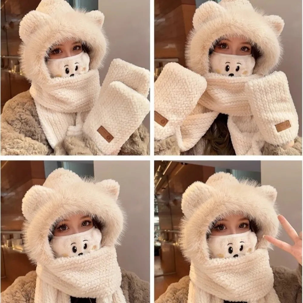 Women's Fluffy Hooded Scarf Hat Set – Windproof Winter Cap Winter Hat Scarf Set SWANS