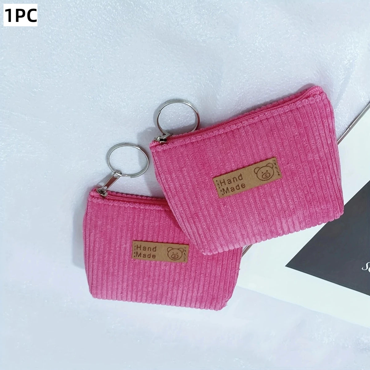 Vintage Corduroy Mini Coin Purse – Zipper Pouch Keychain Wallet Coin Purse SWANS Rose Red