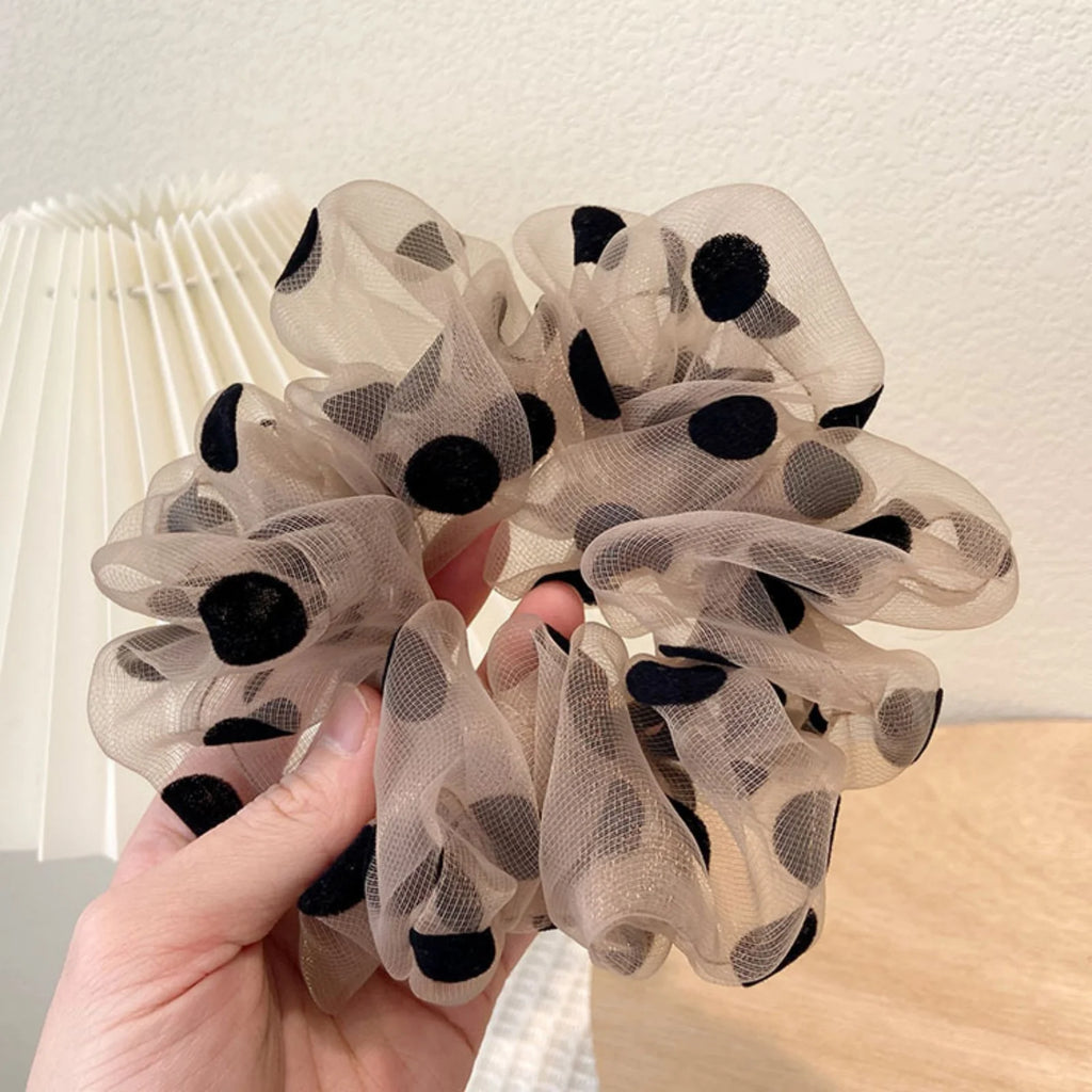 Polka Dot Organza Hair Scrunchie – Black & Beige Hair Tie Hair Scrunchie SWANS