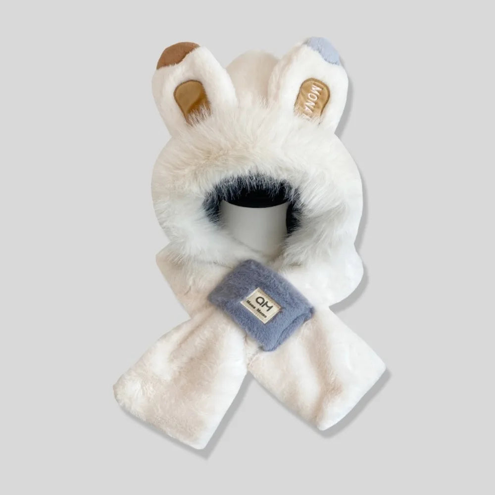 Women's Rabbit Ear Scarf Cap – Windproof Winter Hat Winter Scarf Hat SWANS white