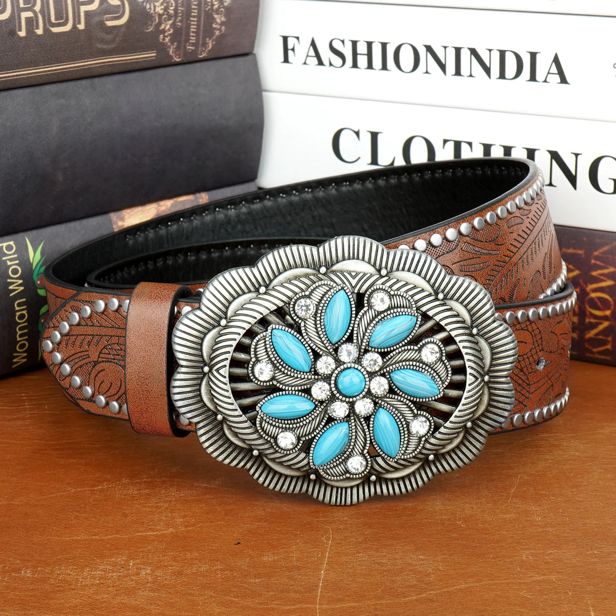 Women's Vintage Embossed PU Belt – Sapphire Ball Buckle Women's Fashion Belt SWANS