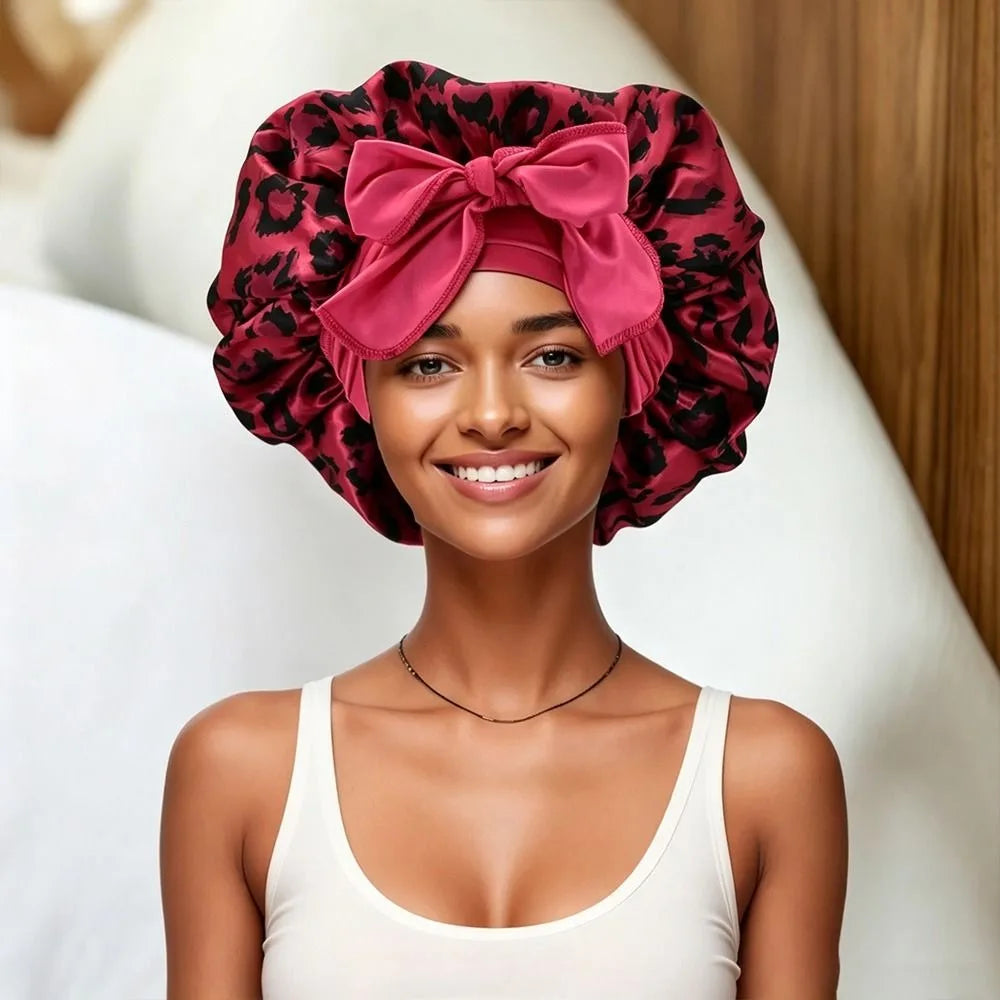 Satin Sleep Bonnet Leopard Print Bow Hair Cap – 5 Colors Satin Sleep Bonnet SWANS Rose Red
