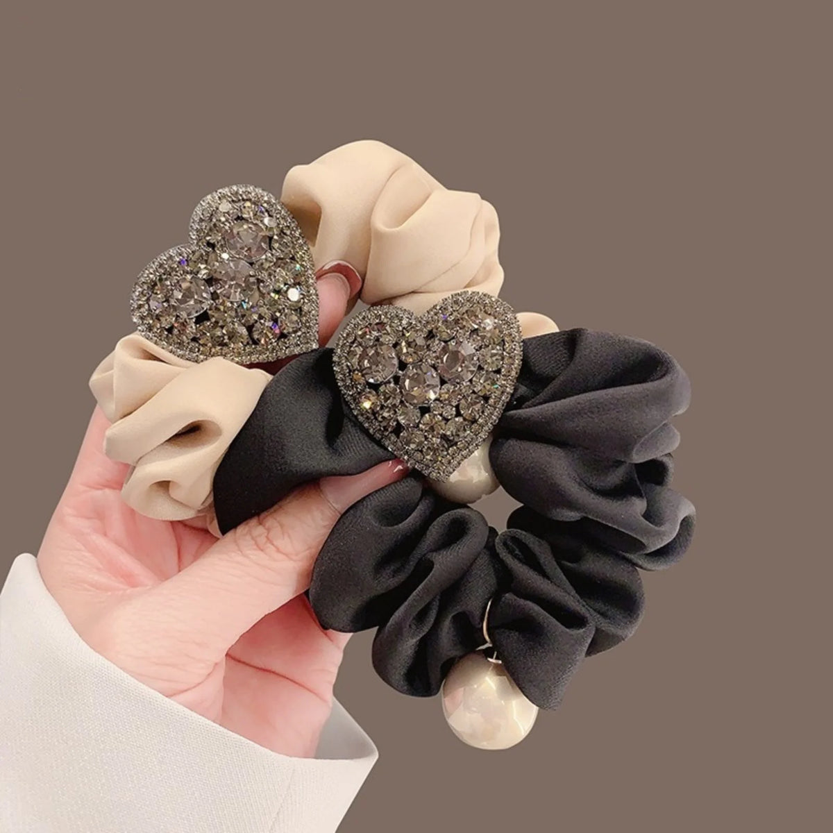 Sparkly Heart Scrunchie – Rhinestone & Pearl Hair Tie | SWANS Hair Scrunchie SWANS