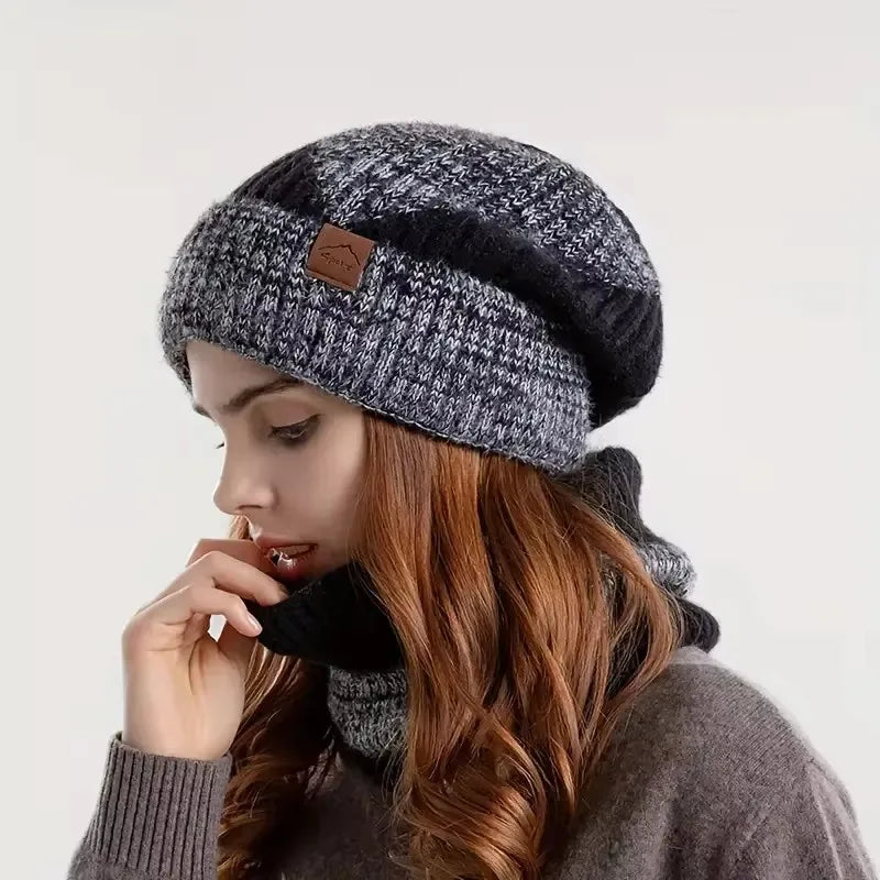 Women's Two-Tone Knitted Beanie & Velvet Bib Set | Winter Hat Winter Beanie Set SWANS Black