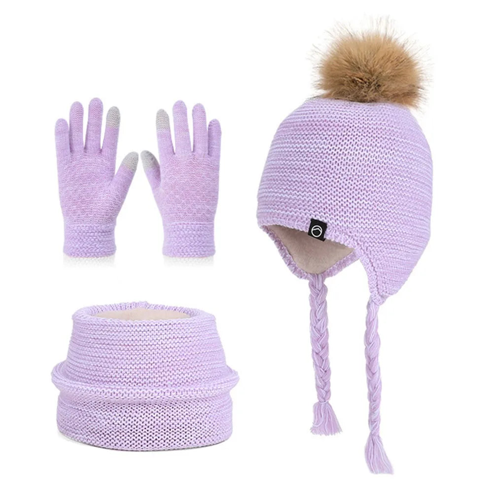 Kids Winter Hat Scarf & Gloves Set – Pompom Knit Beanie Kids Winter Set SWANS Purple