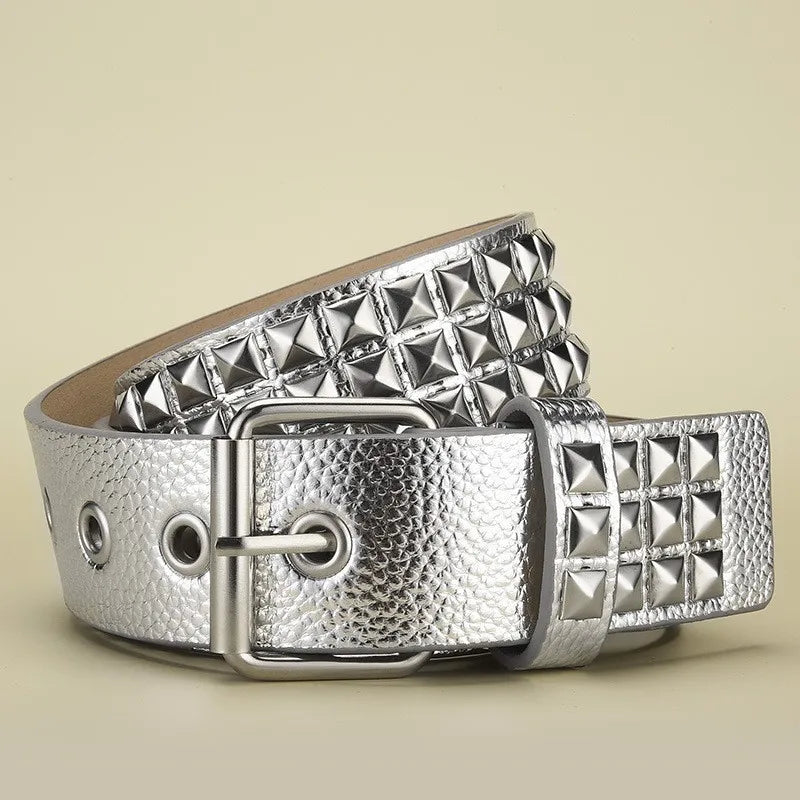Y2K Punk Rock Square Bead Rivet Belt – Unisex Metal Belt Punk Rivet Belt SWANS silvery 110cm