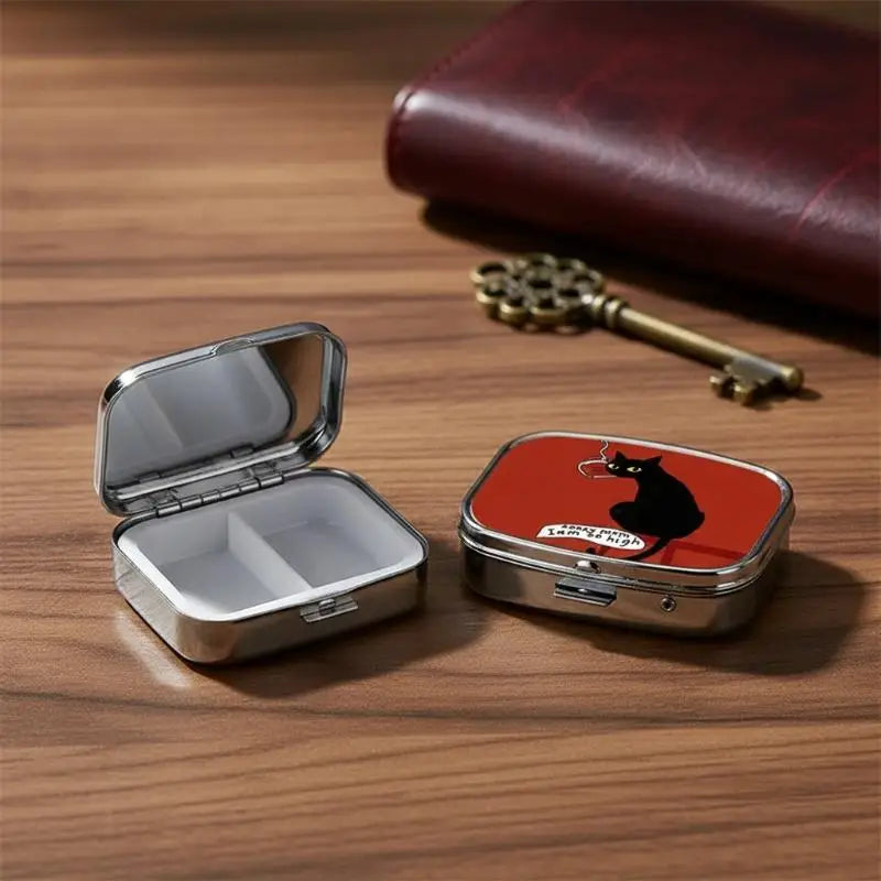 Funny Black Cat Metal Pill Box – 2-Grid Mini Travel Organizer Mini Pill Organizer SWANS