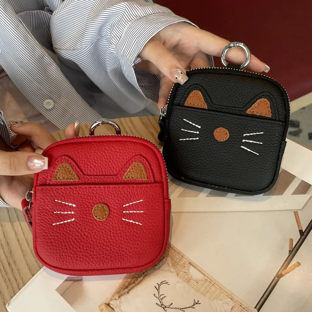 Cute Cat Leather Coin Purse – Zipper Pouch with Key Ring Mini Coin Purse SWANS