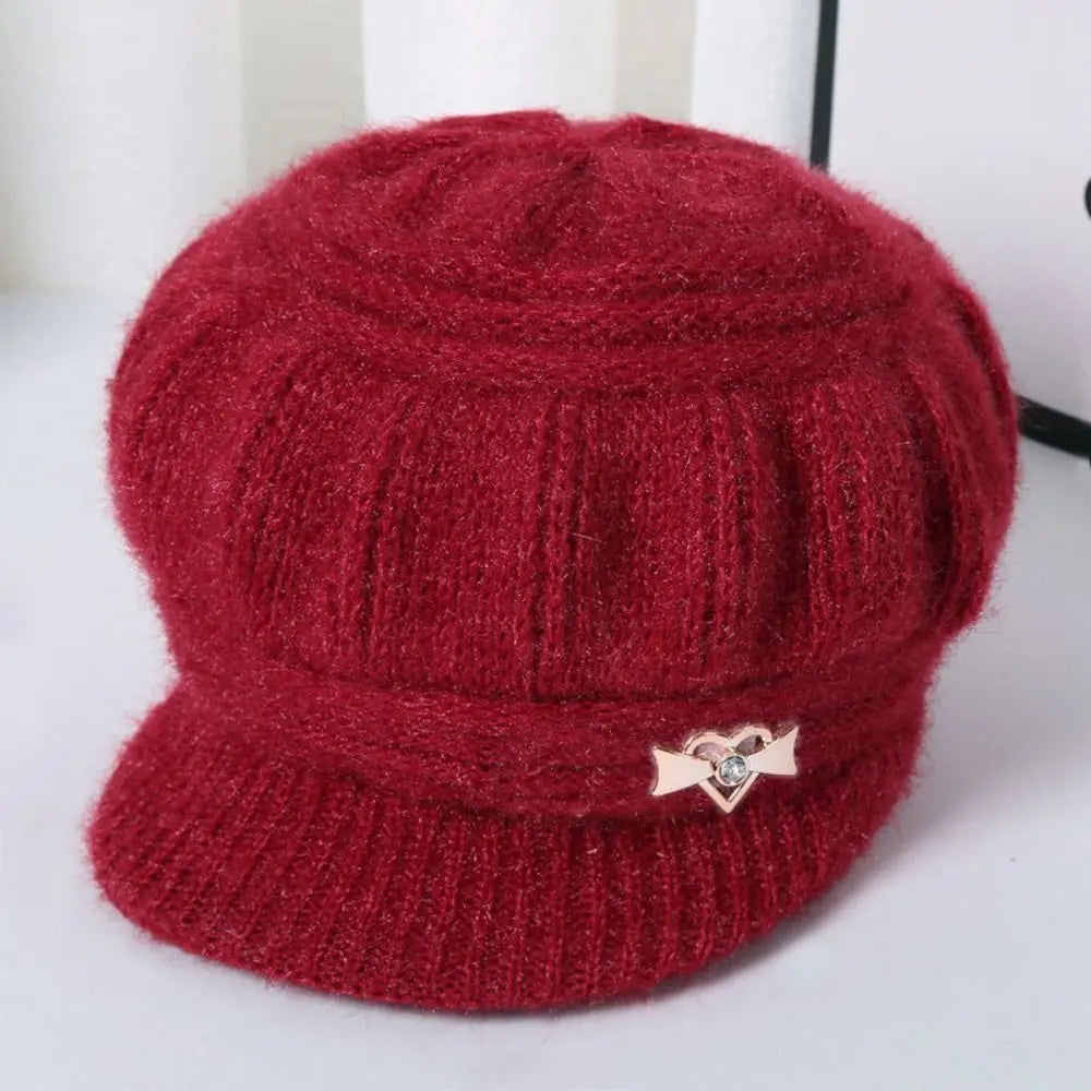 Women's Double Layer Knitted Beret Visor Hat – Windproof Knitted Beret Hat SWANS Wine Red