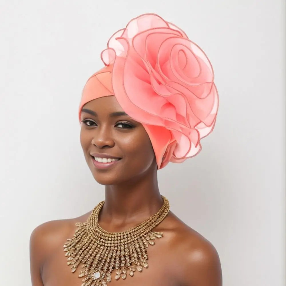 Large Flower Turban Cap – African Head Wrap Beanie Women Turban Beanie Cap SWANS pink