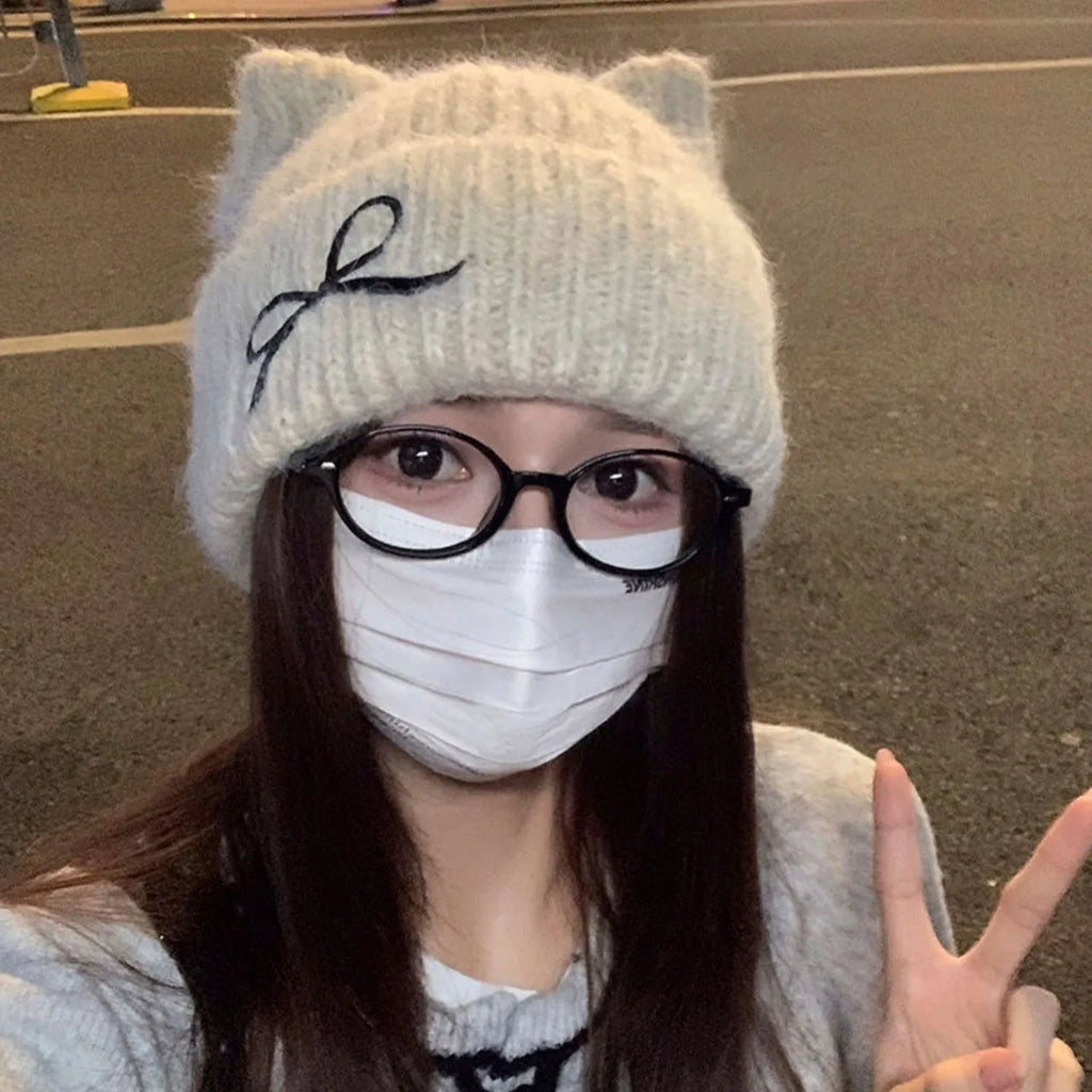Women's Cat Ear Knit Beanie – Bowknot Winter Hat | FAITOLAGI Knit Beanie Hat SWANS