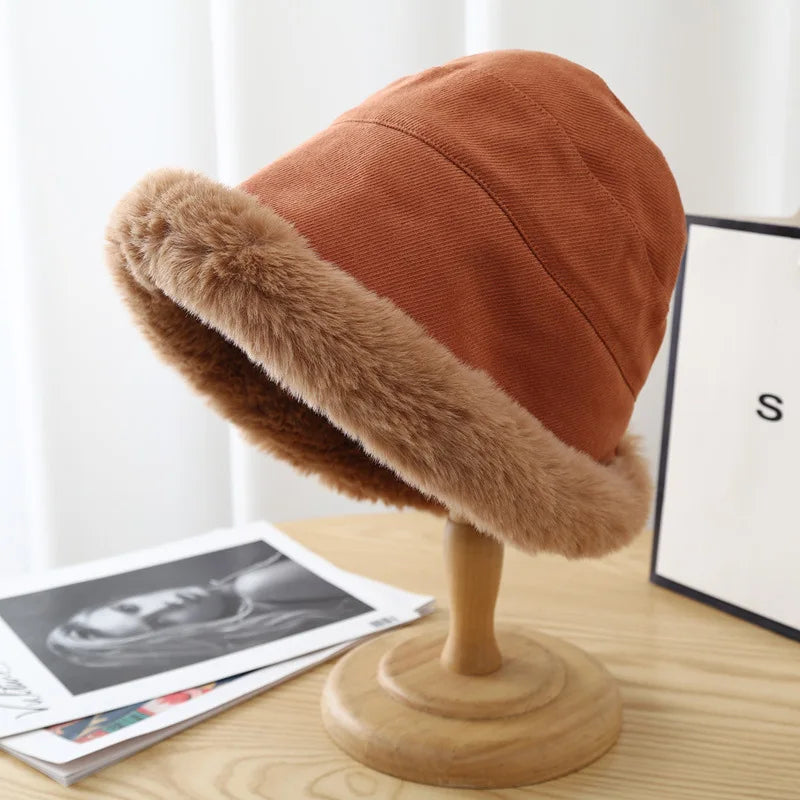 Women's Winter Plush Faux Fur Bucket Hat – Warm Fisherman Cap Winter Bucket Hat SWANS B Style orange one size