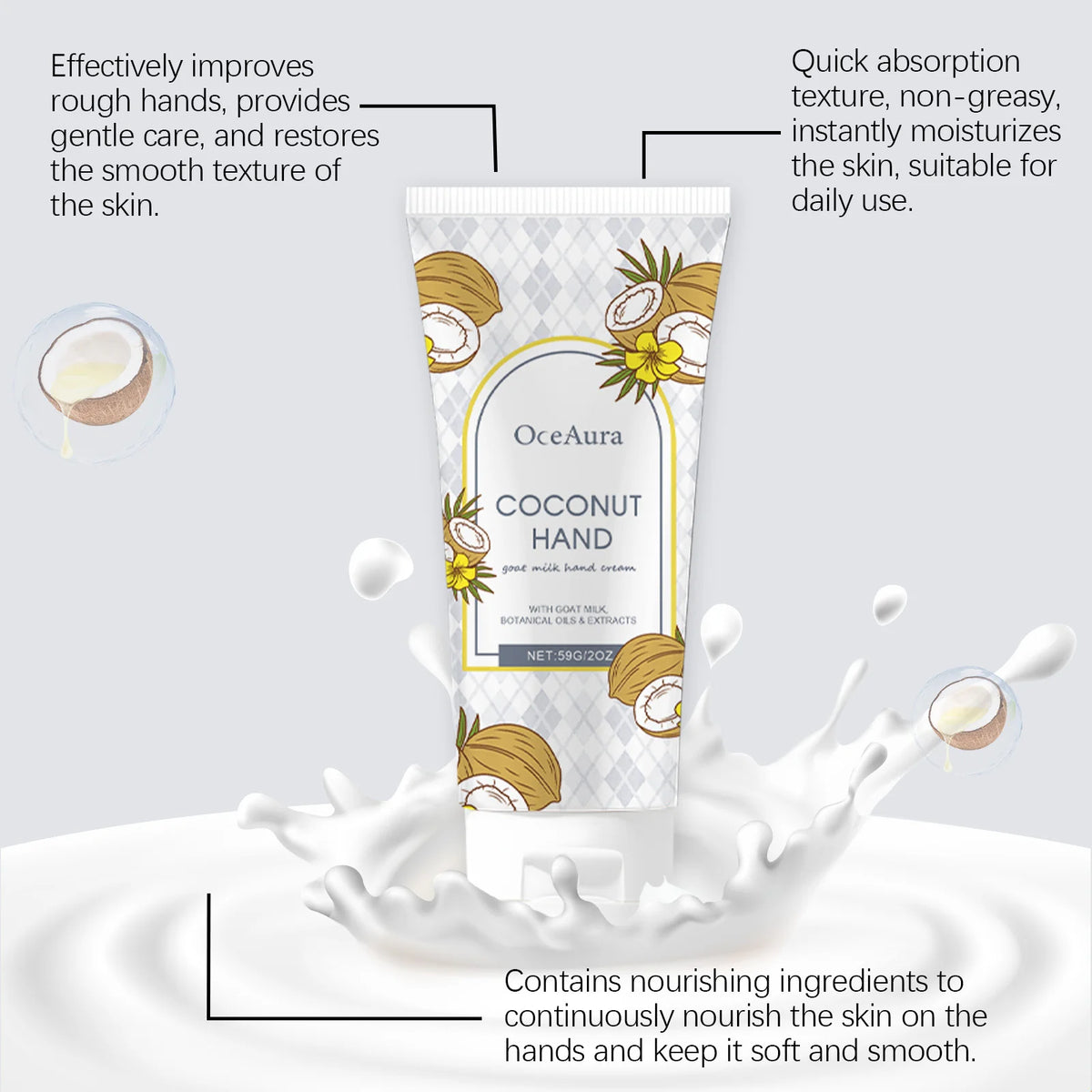 OceAura Coconut Hand Cream – Nourishing & Hydrating 59g Hand Cream SWANS