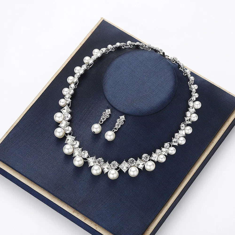 Pearl Rhinestone Necklace & Earrings Set – Wedding Jewelry Jewelry Set SWANS