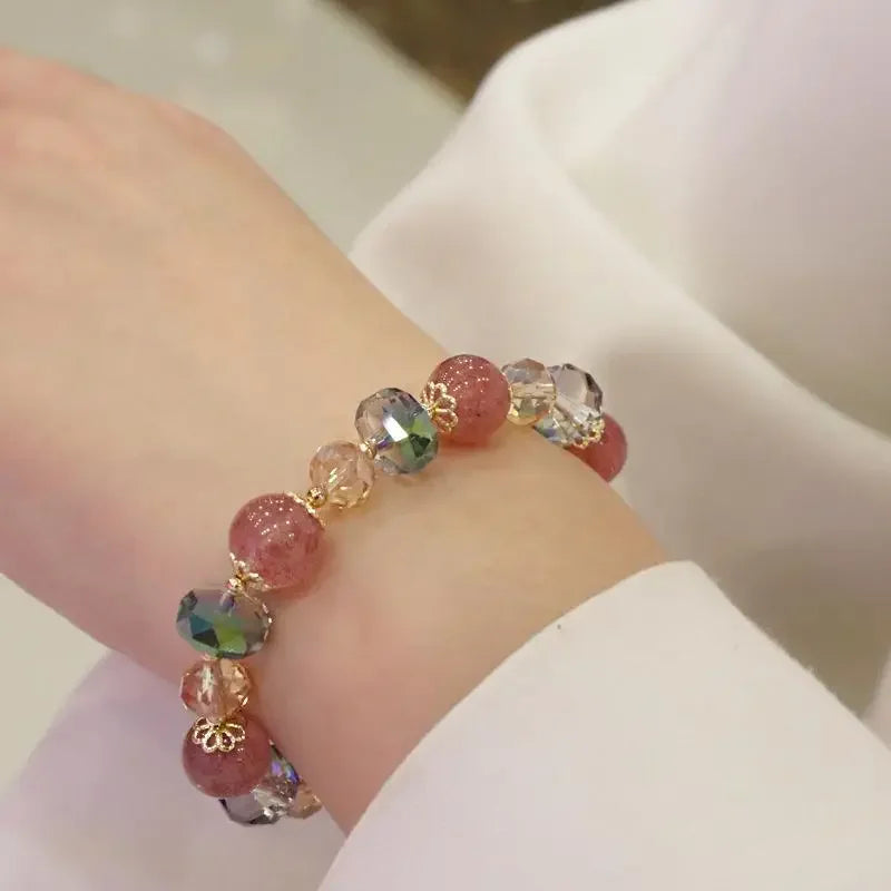 Natural Strawberry Crystal Beaded Bracelet – Pink Elastic Bangle Crystal Beaded Bracelet SWANS