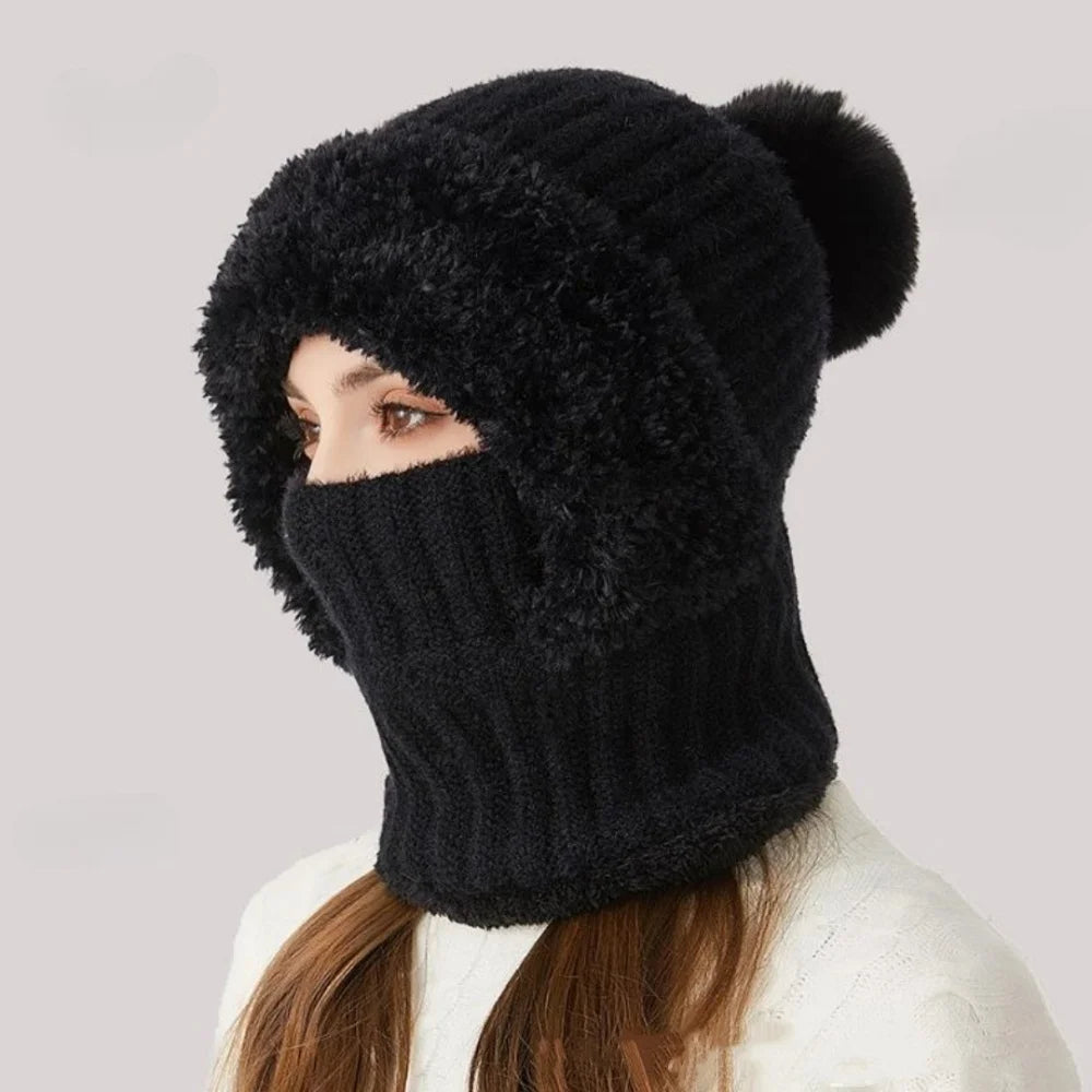3-in-1 Knitted Beanie & Scarf – Fleece Lined Winter Hat Winter Beanie Hat Set SWANS Black