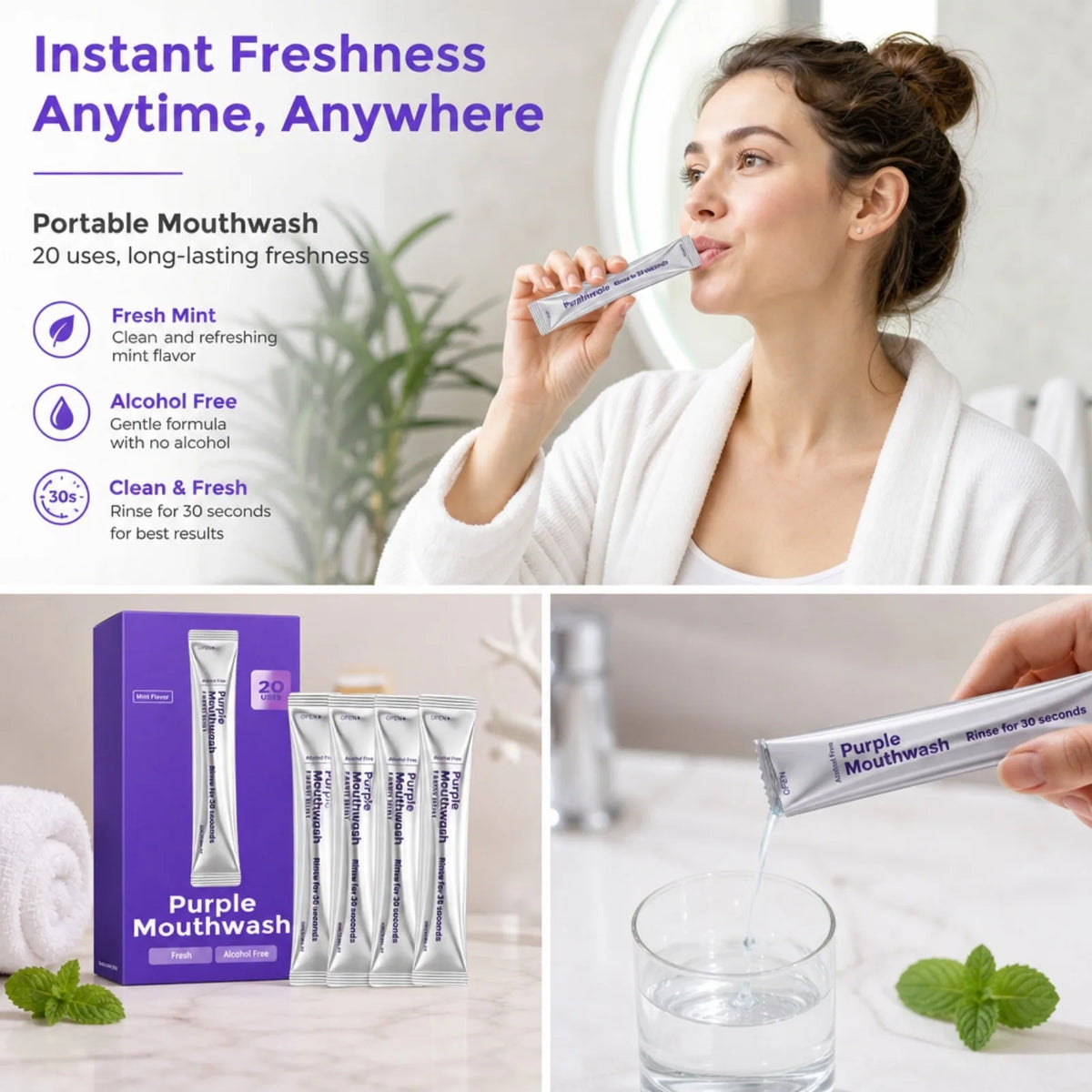 SWANS Portable Mint Mouthwash Strips – 20-Pack, Alcohol-Free Disposable Mouthwash SWANS