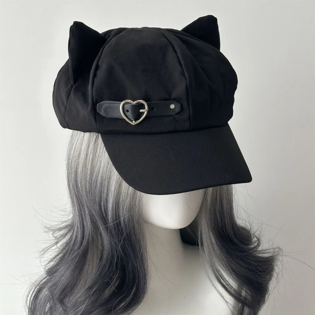 Y2K Cat Ear Peaked Beret – Cute Cotton Hat for Women Beret Hat SWANS Black Heart