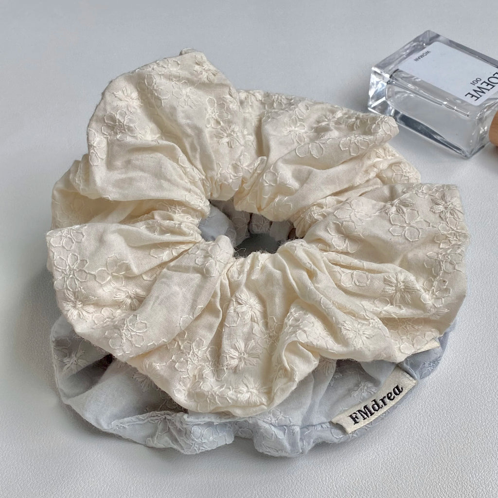Floral Embroidered Hair Scrunchies – Light Blue & Cream Embroidered Hair Scrunchie SWANS