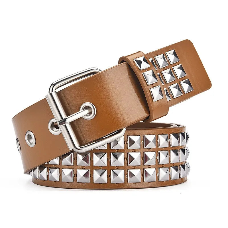 Y2K Punk Rock Square Bead Rivet Belt – Unisex Metal Belt Punk Rivet Belt SWANS khaki 110cm