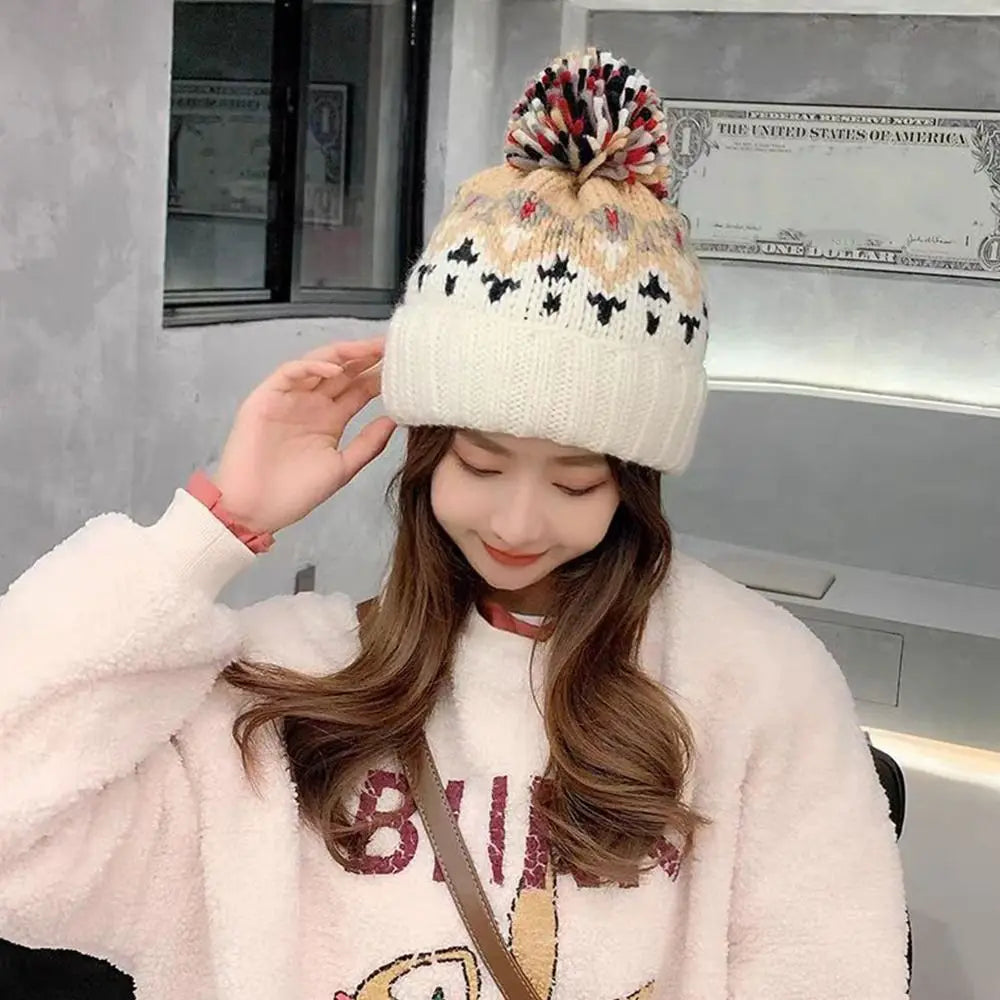 Women's Thickened Pompom Knit Beanie Hat with Ear Flaps Winter Knit Beanie SWANS