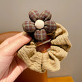 Girls Plaid Flower Hair Scrunchie – Elastic Hair Tie for Kids Kids Hair Scrunchie SWANS Khaki