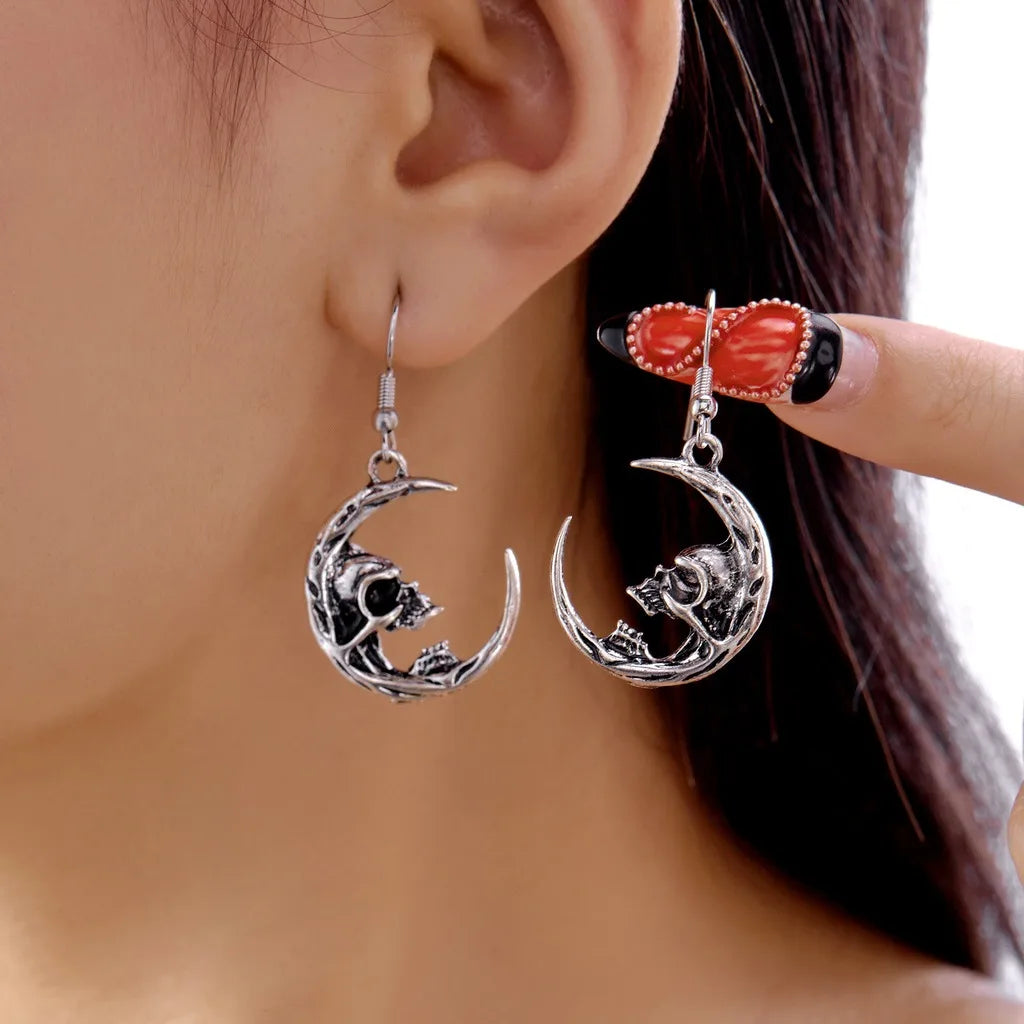 Gothic Skull Skeleton Drop Earrings – Halloween Costume Jewelry Gothic Drop Earrings SWANS Silver-1