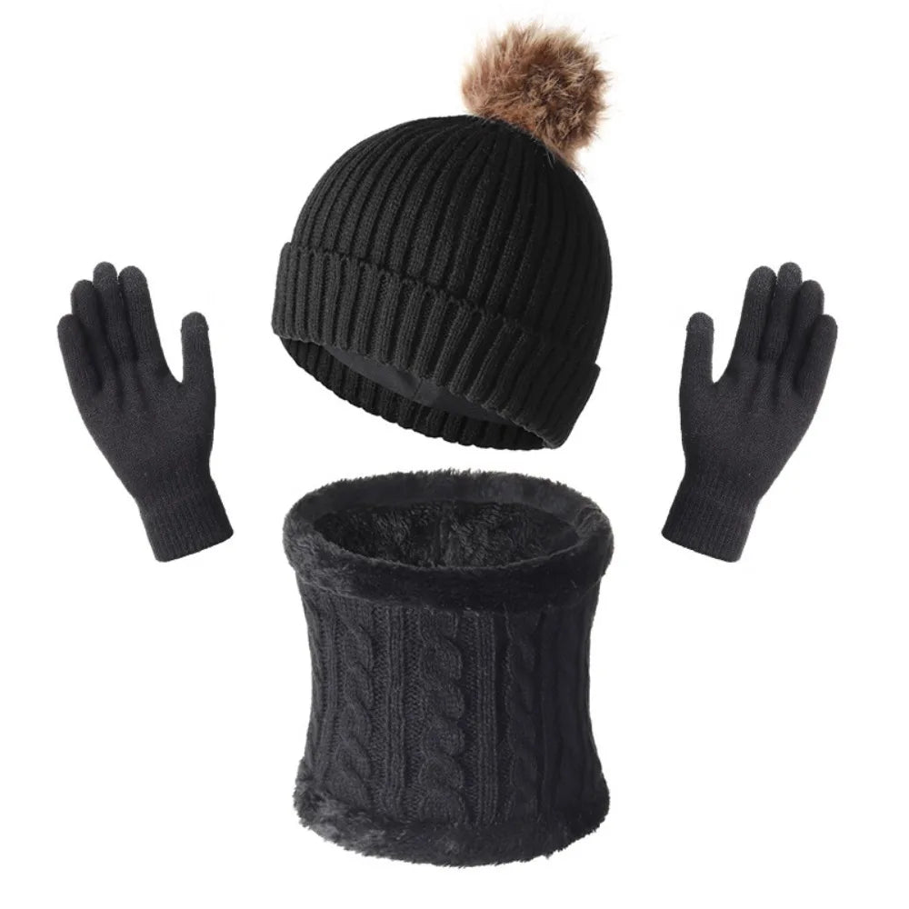 Women's 3-Piece Winter Knitted Hat, Scarf & Gloves Set Winter Accessory Set SWANS Black