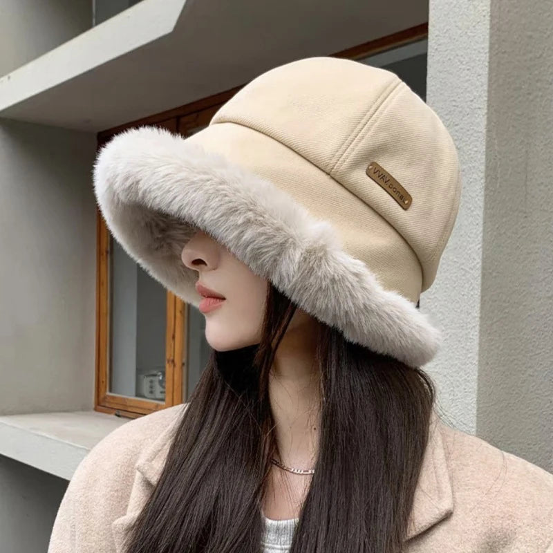 Women's Winter Plush Faux Fur Bucket Hat – Warm Fisherman Cap Winter Bucket Hat SWANS A Style beige one size