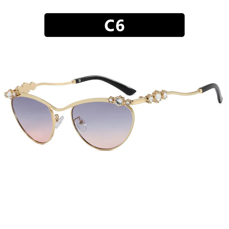 Y2K Cat Eye Rhinestone Sunglasses Women UV400 | Crystal Cat Eye Sunglasses SWANS Gold Gray Pink