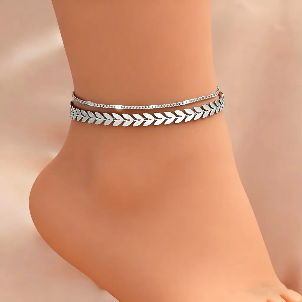 Wheat Leaf Double-Layer K Gold Plated Anklet for Women Fashion Anklet SWANS Silver