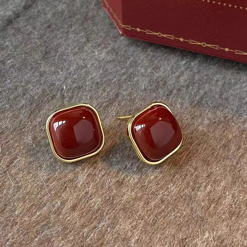 Vintage Wine Red Enamel Geometric Square Stud Earrings Stud Earrings SWANS 04