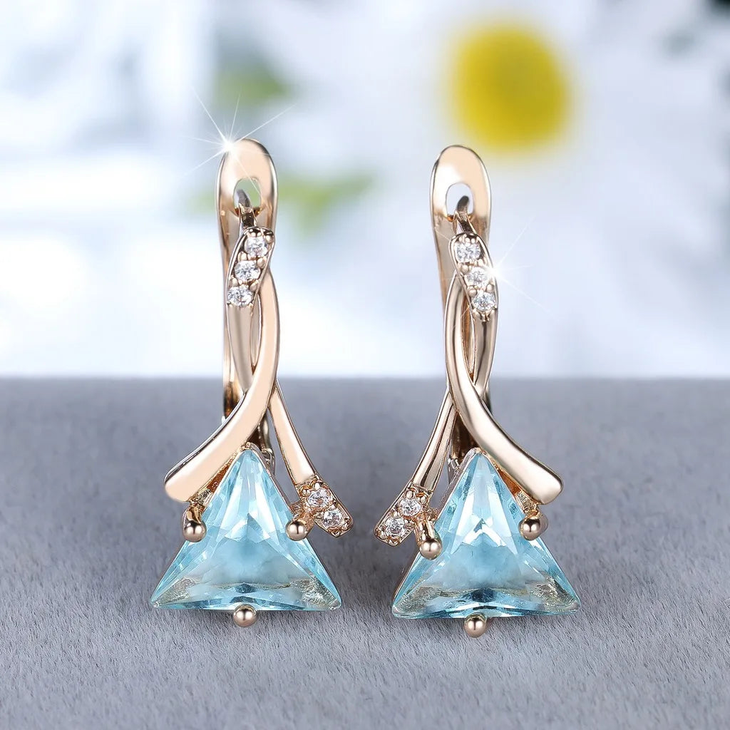 Rose Gold CZ Triangle Dangle Earrings for Women | Geometric Dangle Earrings SWANS Light Blue