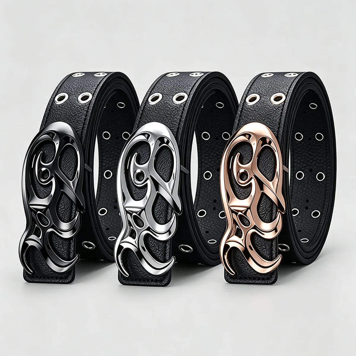Y2K Punk Eyelet PU Belt – Flame Buckle Unisex Streetwear Punk Fashion Belt SWANS