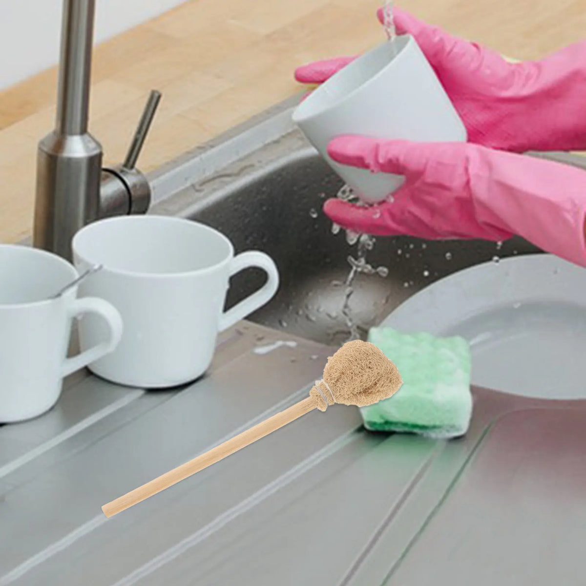 Wood Handle Loofah Brush – Bottle, Cup & Pot Scrubber Kitchen Cleaning Brush SWANS