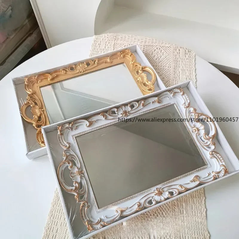 French Retro White Embossed Mirror Tray – Jewelry & Décor Decorative Storage Tray SWANS