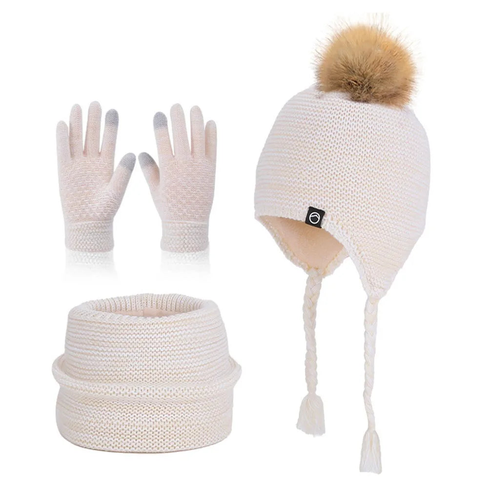 Kids Winter Hat Scarf & Gloves Set – Pompom Knit Beanie Kids Winter Set SWANS Beige