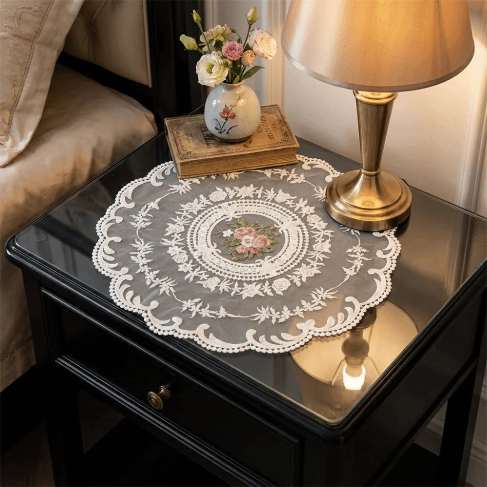 Vintage Lace Embroidered Table Doily – White Round Placemat Lace Table Doily SWANS