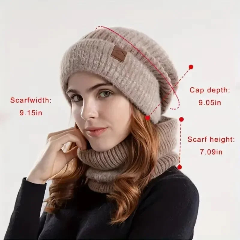 Women's Two-Tone Knitted Beanie & Velvet Bib Set | Winter Hat Winter Beanie Set SWANS